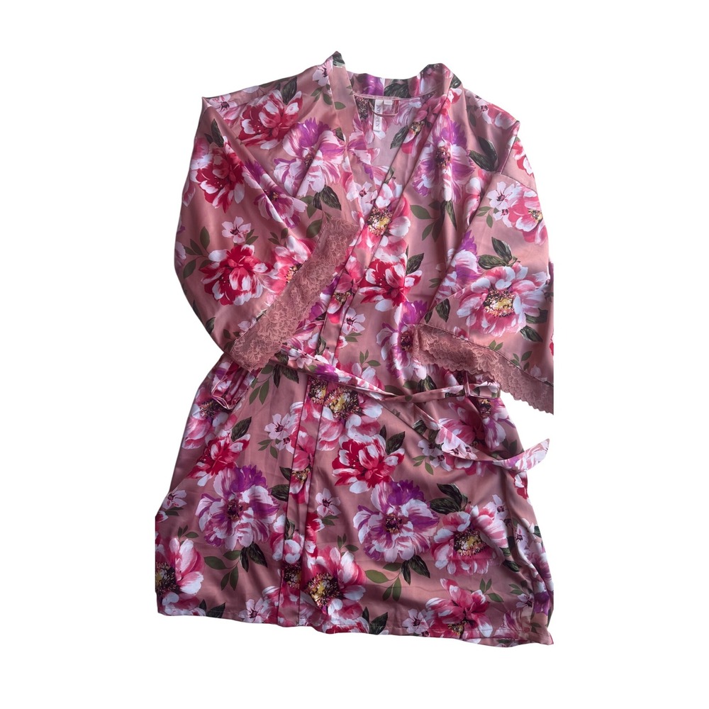 Joyspun Women Pink Floral Satin Robe Lace Trim 2X 18W-20W JS1548563CB